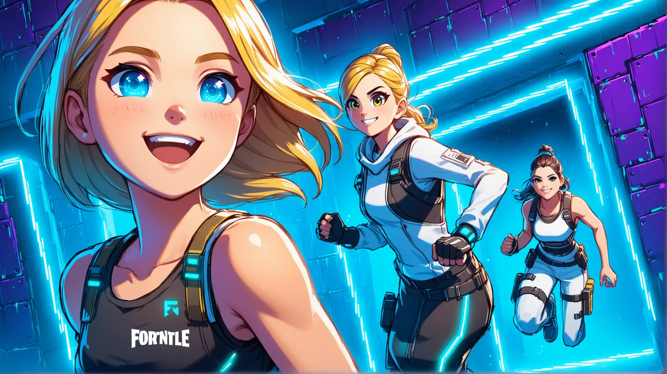 the theme is sci-fi with blue neon and metal walls,
draw two colorful Fortnite characters named John and Emma,
they are fully clothed,
these 2 characters are running an obstacle course,
they are smiling,
there are NO persons in the background,
Caucasian,
close-up.