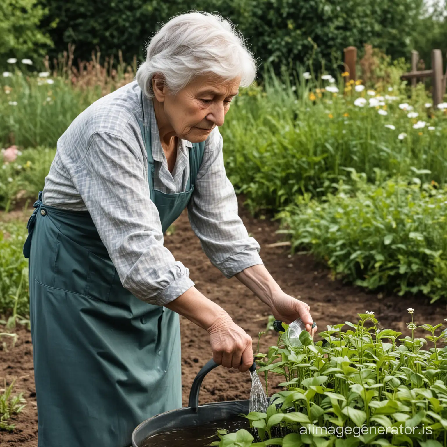 The sad grandmother waters the garden