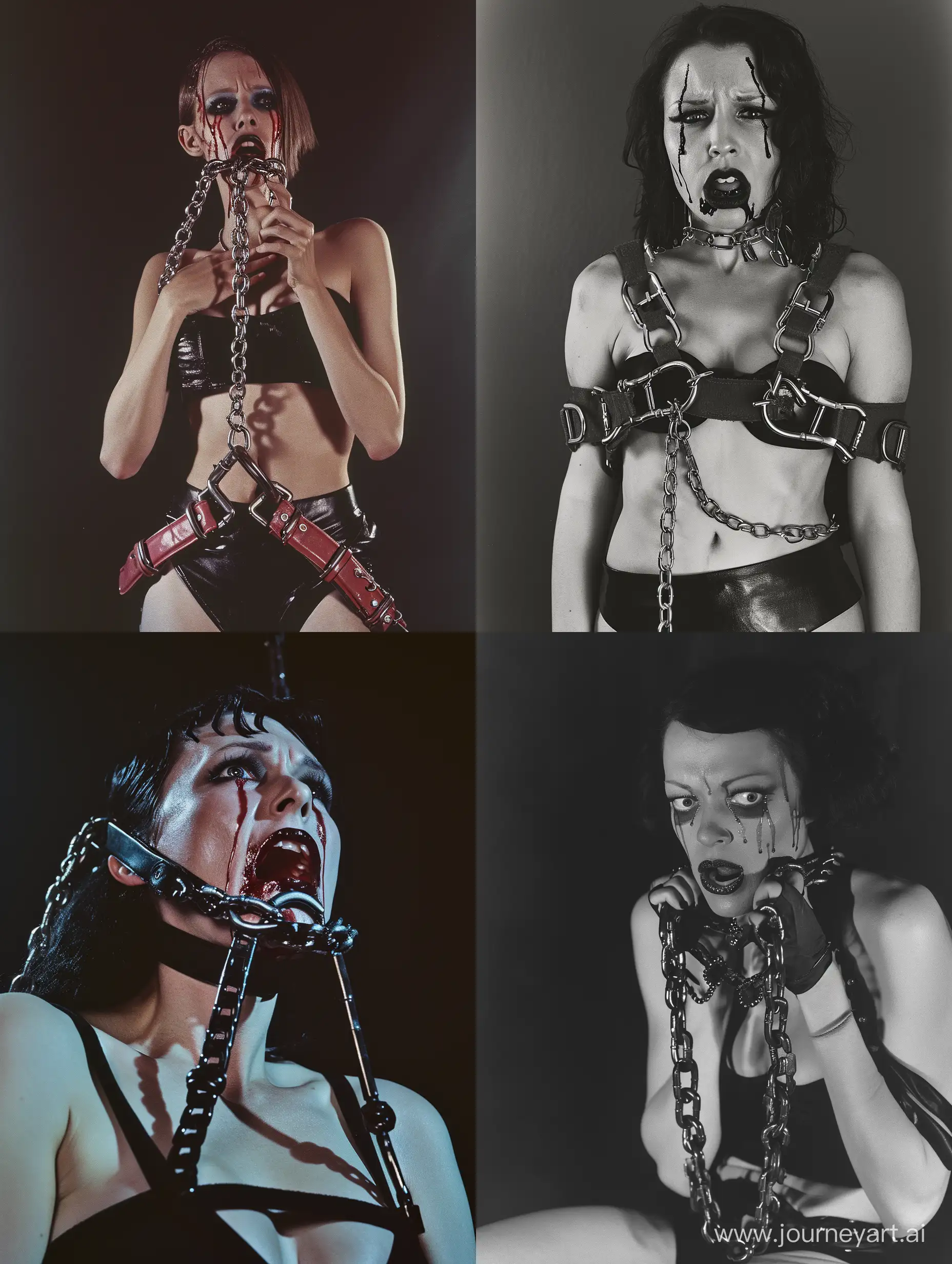 Ominous photo of woman using chained harness in mouth, body harnessed with chains, makeup tear stained face, unhinged, proportionate body, accurate anatomy, photo taken on provia
