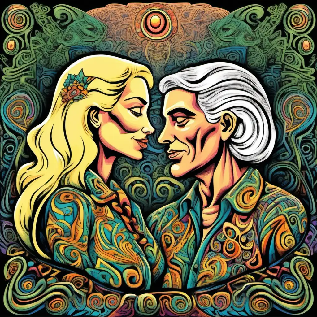 Twin flame couple in the forties. She has blonde hair and he has grey hair. They are very much in love. They are wearing Cuban clothes from the 1950s. Draw in the style of psychedlic Ayahuasca vision.