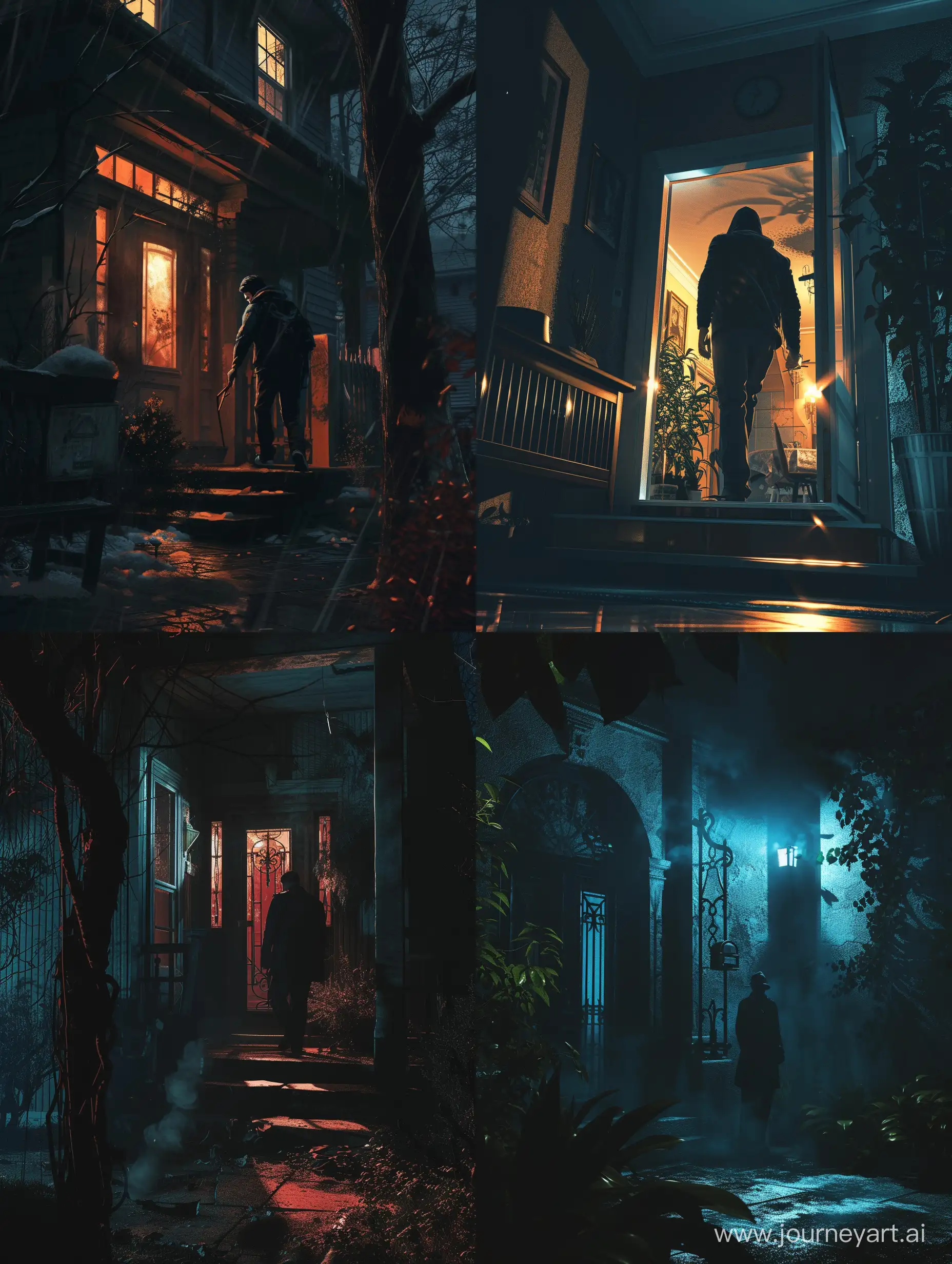 Imagine theft that is entering a house to steal it is night, cinematic, excellent lighting