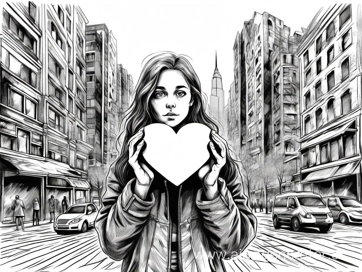 девушка держит в ладонях сердце стоит в центре большого города черно-белый рисунок