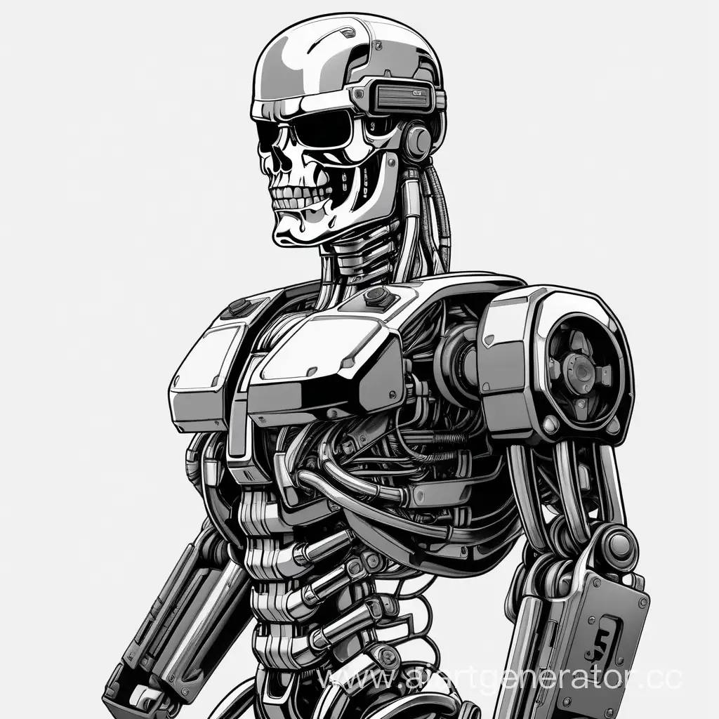 Terminator-800 в строительной каске черно-белый графика с ключом УМК в руке во весь рост на белом фоне