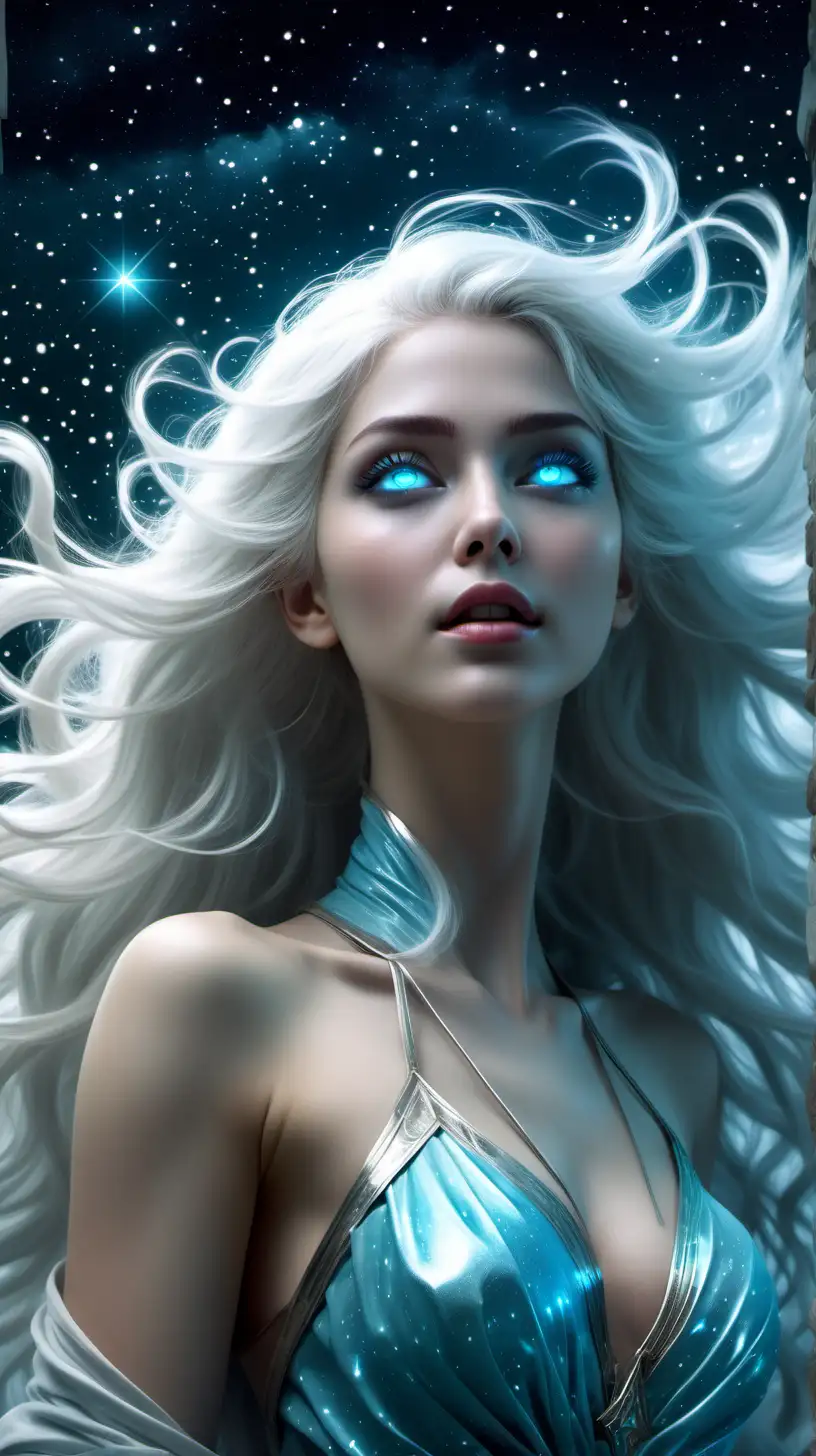 high quality,Ultra HD, A breathtaking digital illustration unfolds as a striking woman emerges with elegant features, characterized by ethereal white hair and captivating cyan eyes, The night sky above, adorned with shimmering stars, captures her attention as she gazes upward with an air of mystery,  awesome full color, entire body