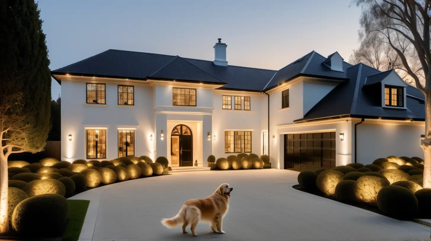 classic contemporary large Minimalist estate home exterior; matte white Range Rover Sport in the driveway; a golden retriever dog; beige, black accents; blonde oak;  limestone; brass lighting; sprawling gardens; at dusk with mood lighting
