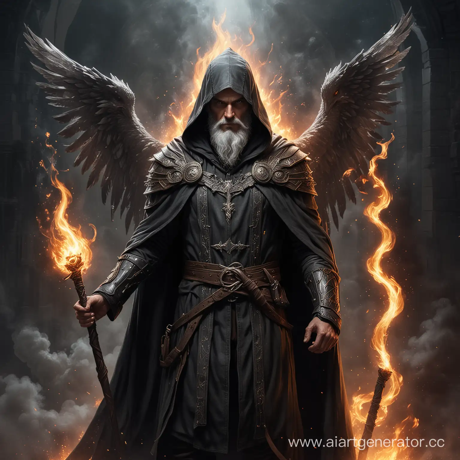 the magician aasimar with a gray beard in a dark hood with a staff of fire and wings sticking out of his back