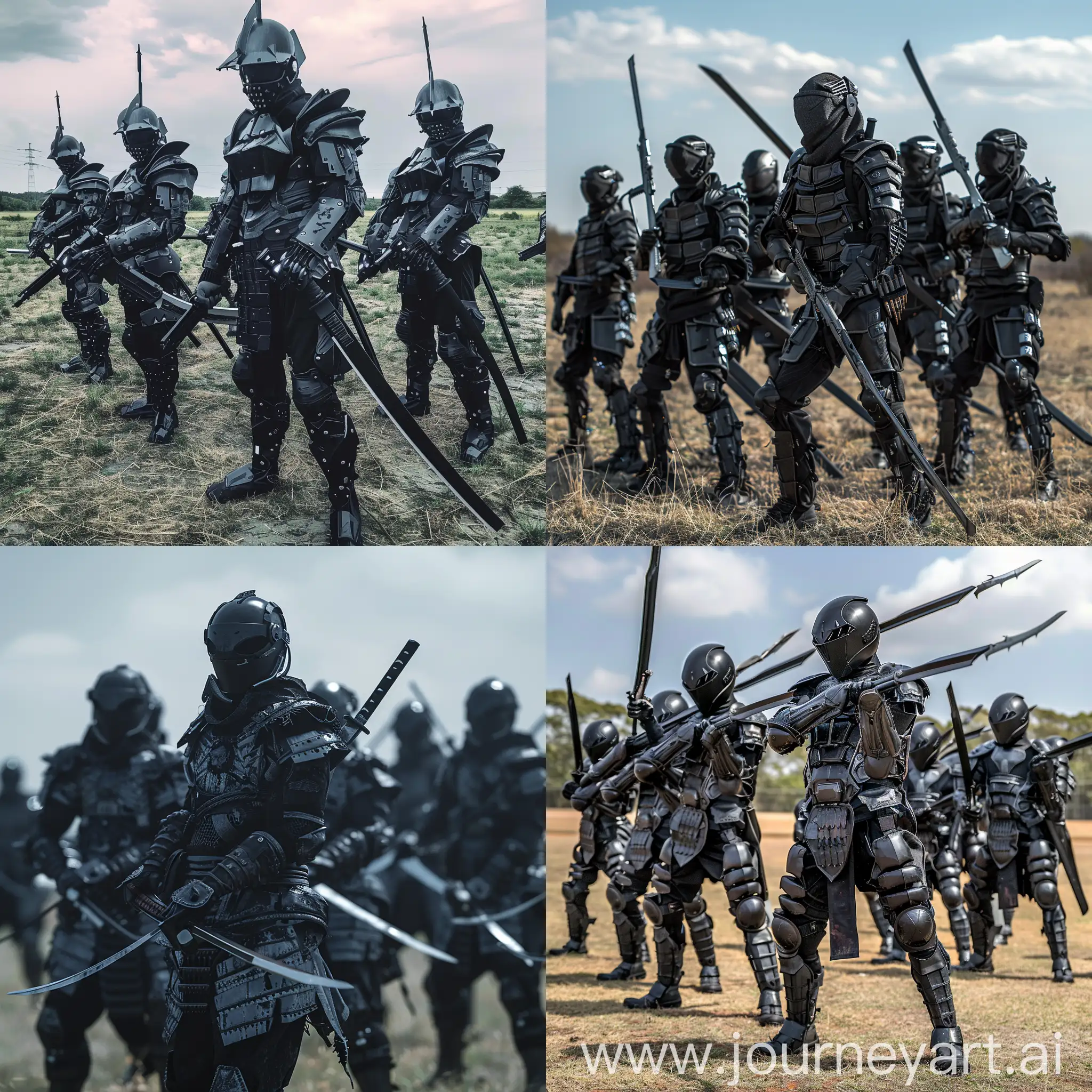 Group of slightly futuristic soldiers but instead of rifles they armed only with futuristic swords and katanas. They stand in a specific stance. Soldiers are eager to fight. They are stationed in an open field. They wear black armor equipped with metal plates