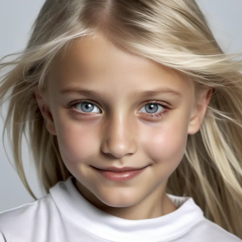Create a russian girl, grey eyes, blonde straight hair,  fresh look, potrait, 8k, 8 years old, cameron diaz look alike