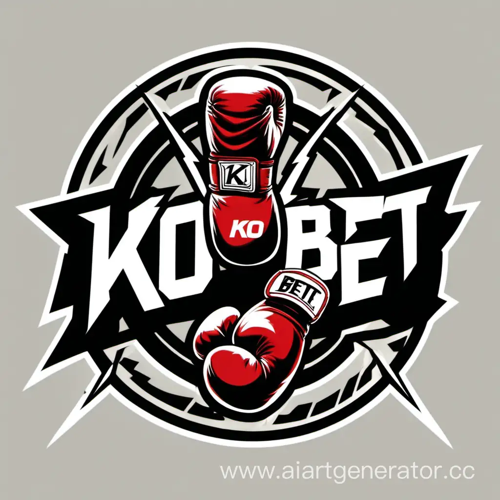 Логотип с названием KO BET с молнией в середине, молния будто ударяет в логотип , с двух сторон боксёрские перчатки , над логотипом катана с блестящим кончиком 
