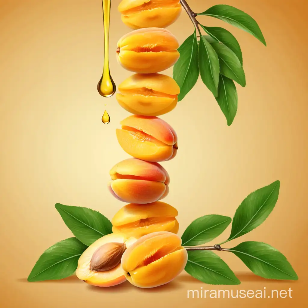 Apricot kernels stacked vertically, just the kernels, a drop of apricot oil dripping from the kernels, apricot branches from the top and bottom on the right side. Sketch version of the apricot kernel oil bottle.