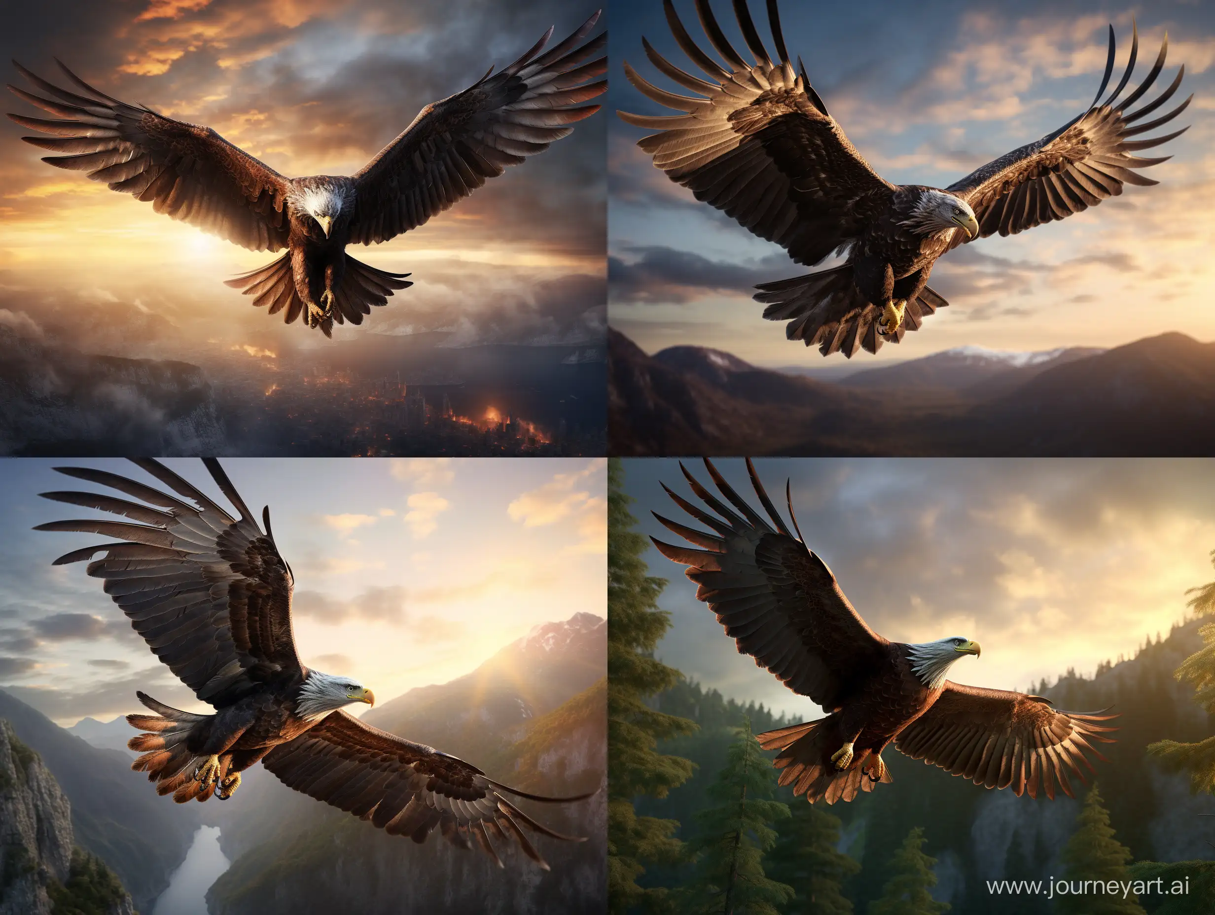 An eagle soaring high, realistic, half body, cinemtaic lighting, --ar 4:3 --q 2