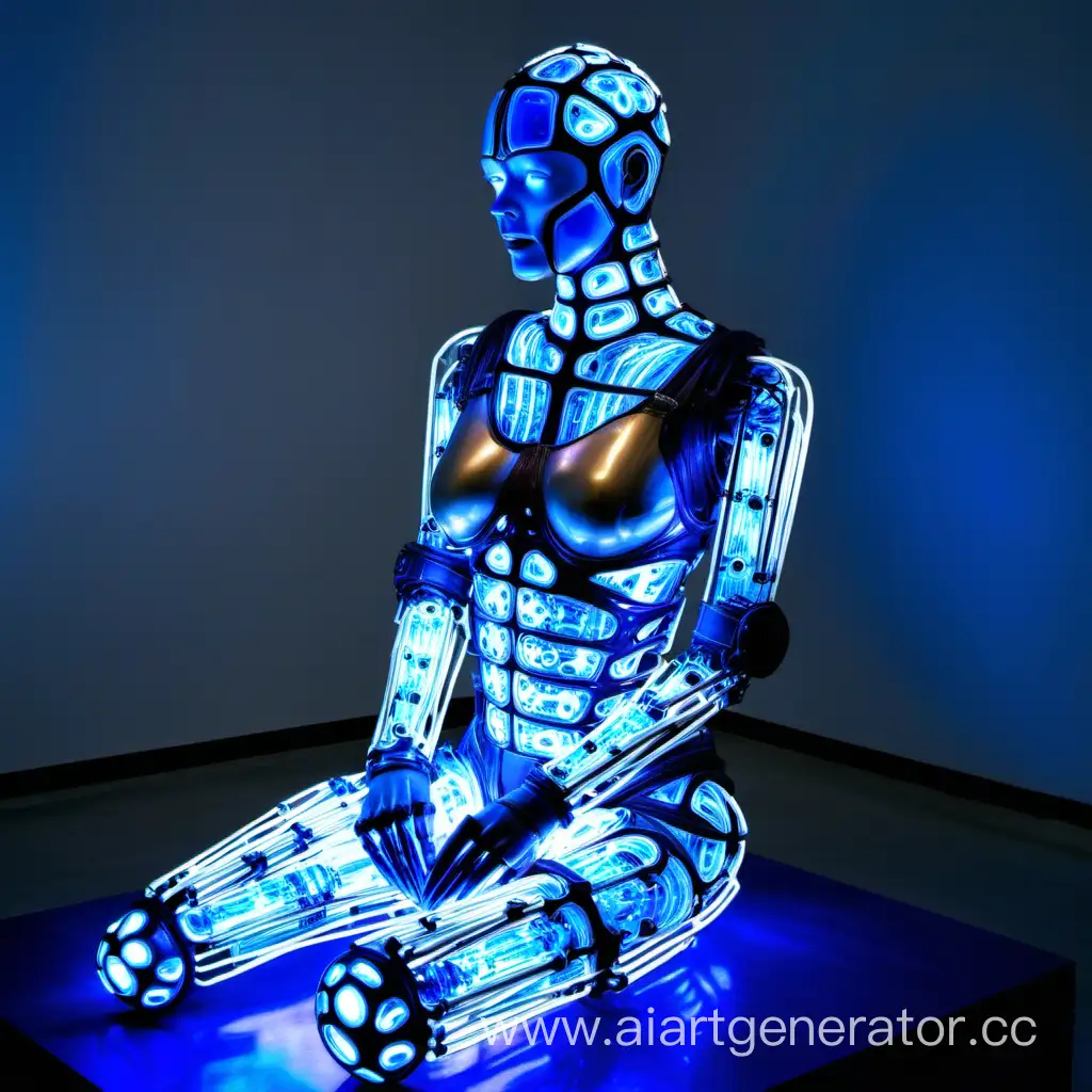 Кибермедицина инсталяция манекен сидящий из светодиодов и прутьев киборг протезы жизнь свобола