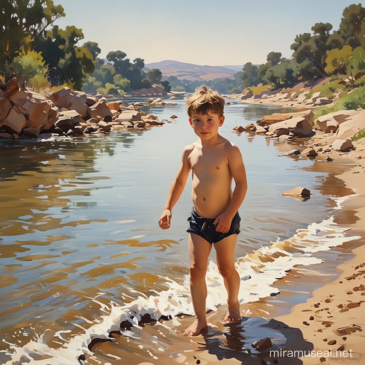 картина в стиле Хоакин Соролья , на берегу.мальчик на фоне реки купается. жеребенок,контрожур.рядом жиребенок 