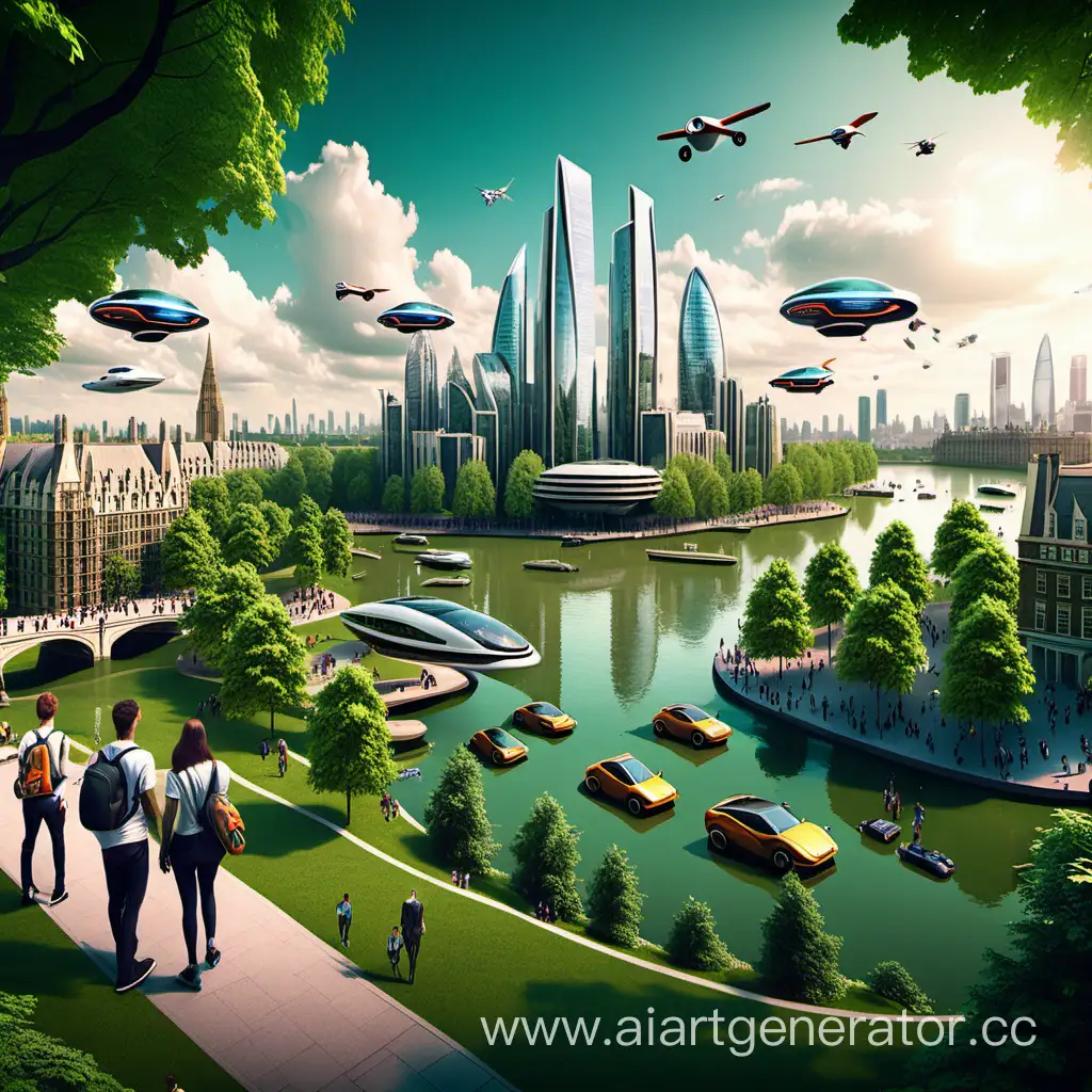 Futuristic-Cityscape-London-Skyline-in-Verdant-Woodland-with-Flying-Cars-and-Joyful-Students