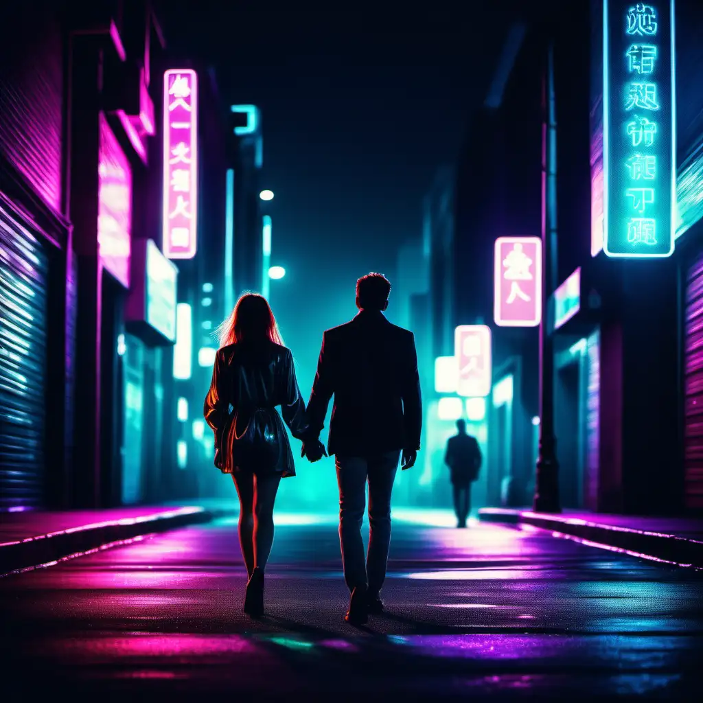 Neon lights city at night, woman and man walking away from each other, professional photography style