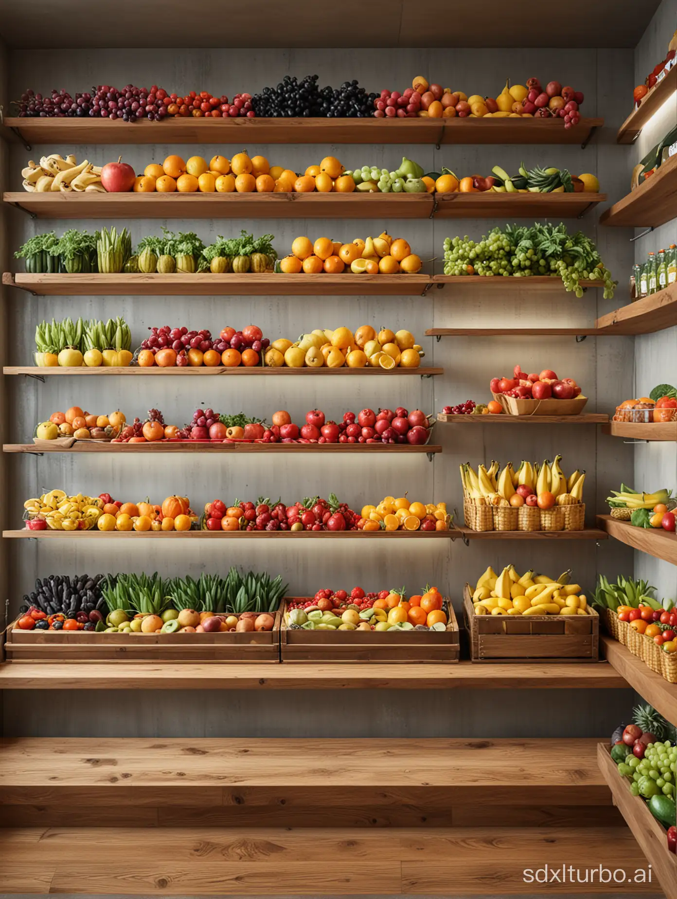 One wall is full of shelves, filled with all kinds of fruits, fresh and enticing. Realistic feeling.
