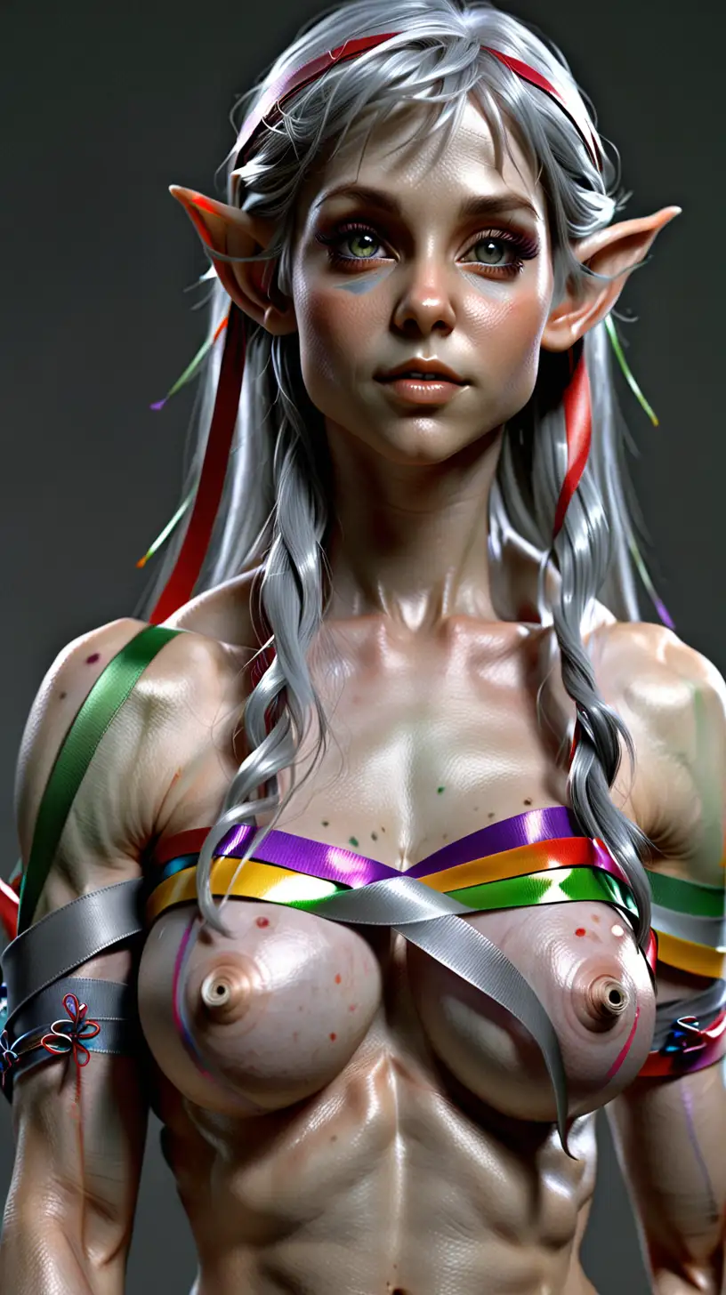 Photo realistic muscular naked elf female, pale gray skin, gray eyes, pretty, gray hair with colorful ribbons