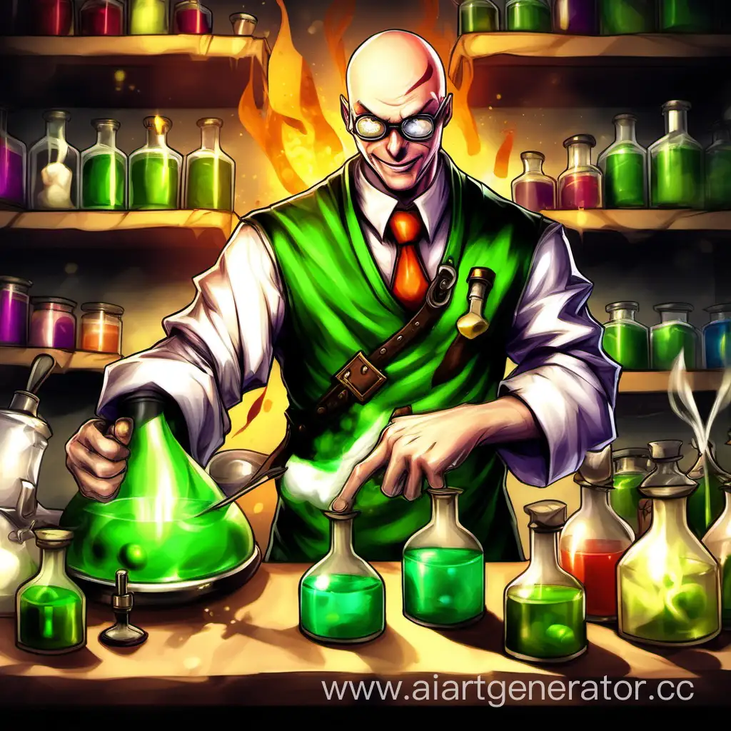 Singed , mad chemist , League of Legends , bald , potions , burns , bandages , cooking potions , 