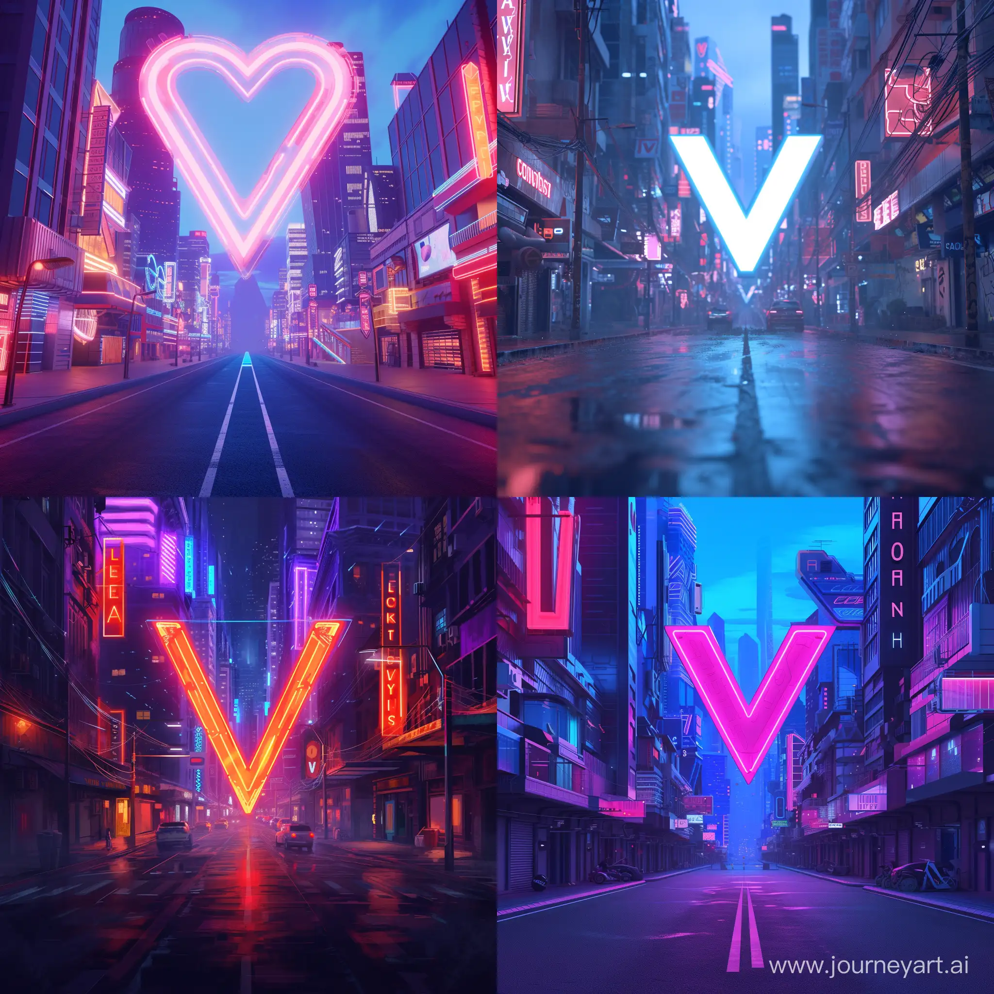 Neon city like Logo with a big V in the foreground. V is floating in the Air. street going straight infinite
