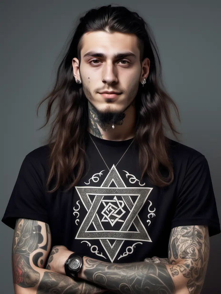 son of rich person, jewish man, realistic, stylish, silly, 25 years old, long hair, with tatooes, piercing, black t-shirt, bristle