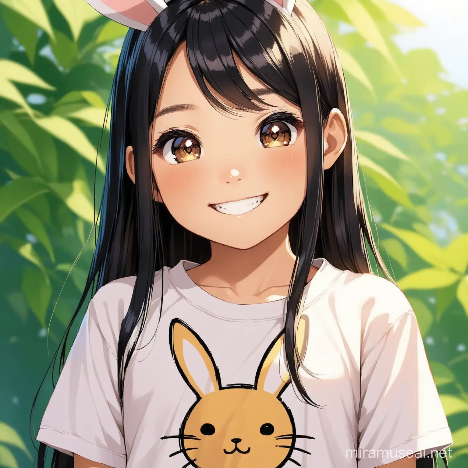 Smiling Thai Girl with Long Black Hair and Bunny Shirt