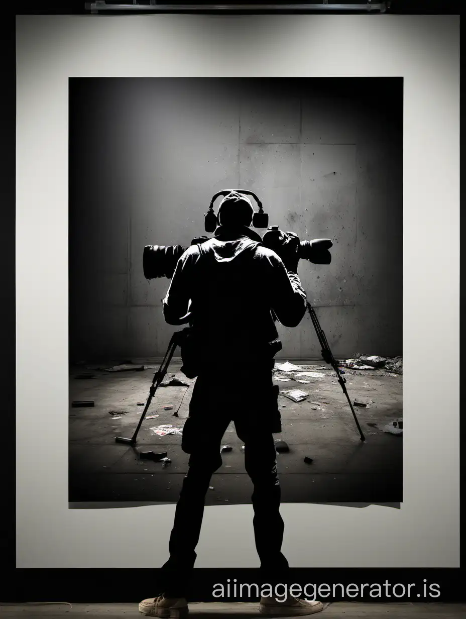 Genere une affiche d’exposition sans écriture, fond noir, ayant pour thématique photographe en action,  dans le style Banksy