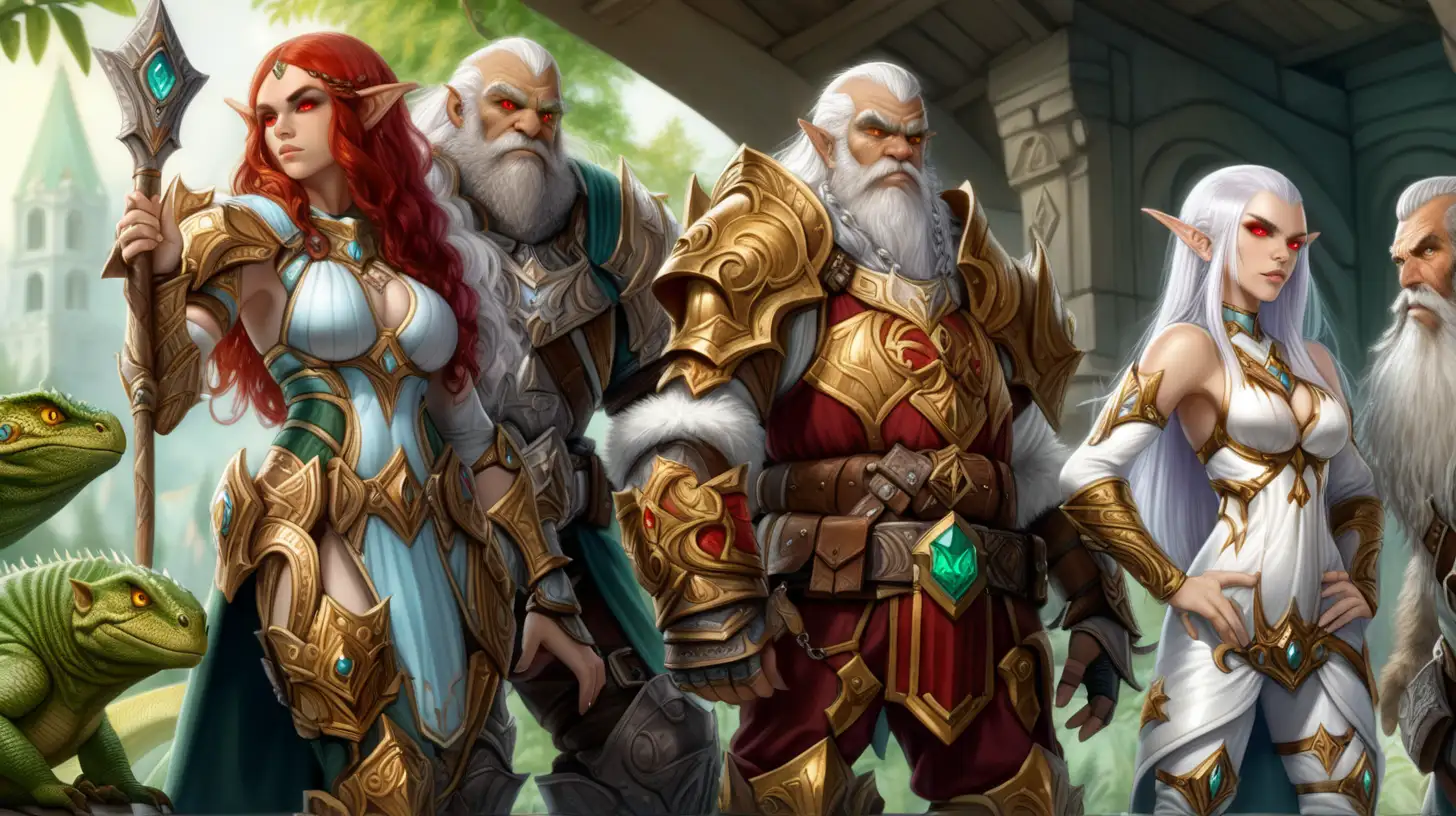 Artistic sexy elf woman white hair yellow eyes armor leaning on a grizzled dwarf with red hair and lush beard, standing next to their other party members a lizard person and a female mage