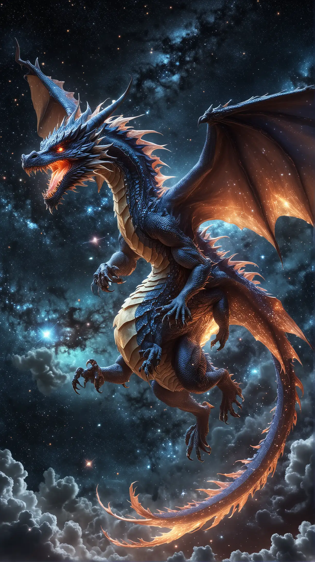 A majestic dragon soaring through the starlit sky, its scales shimmering like galaxies. It commands the cosmos, manipulating the stars and planets with celestial power.A majestic dragon soaring through the starlit sky, its scales shimmering like galaxies. It commands the cosmos, manipulating the stars and planets with celestial power.