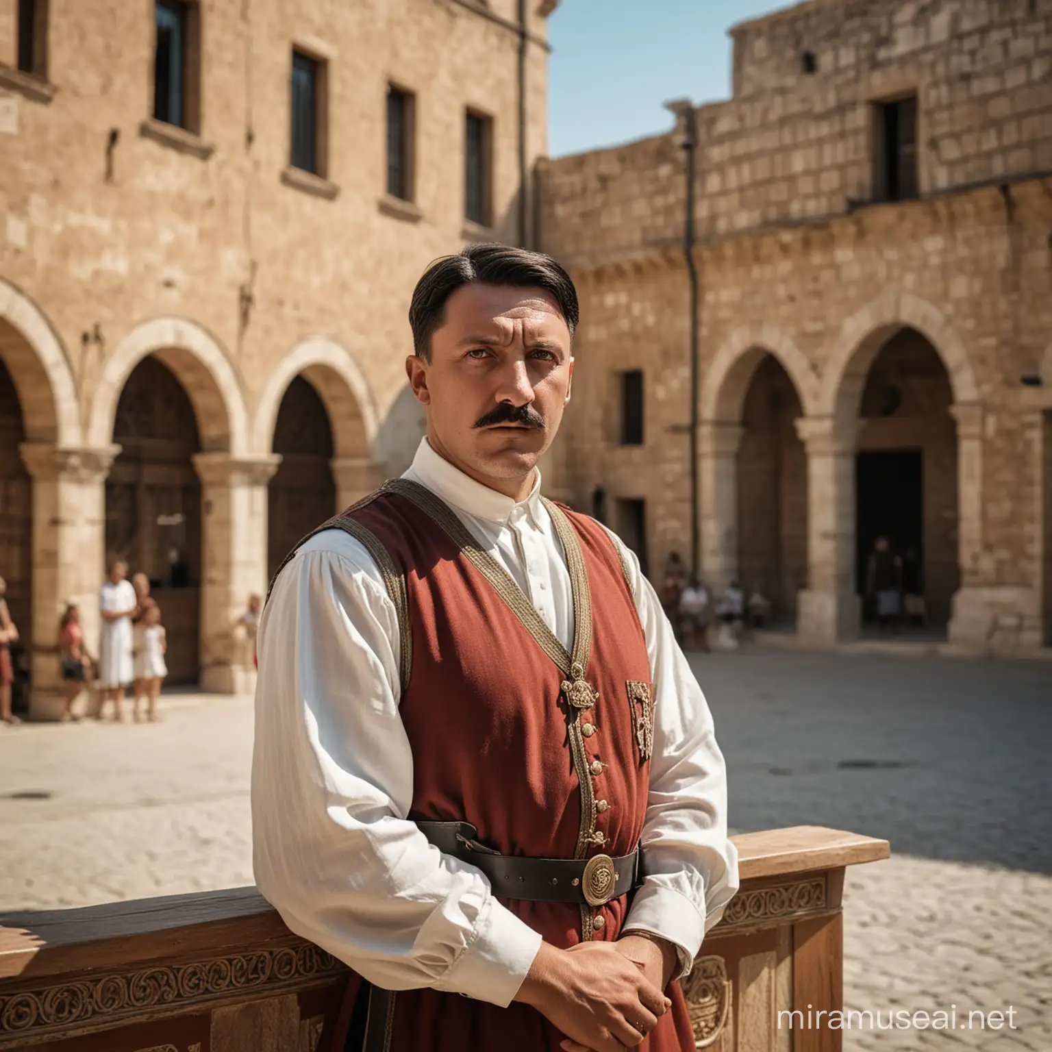 Photo medieval style: southern man around 30, dark hair, suntanned with a small beard, looks like Adolf Hitler. Dressed like a Roman senator, standing at a stand in a large medieval Mediterranean city, advertising the Senate election campaign and himself, Sigma 85mm f/1.4