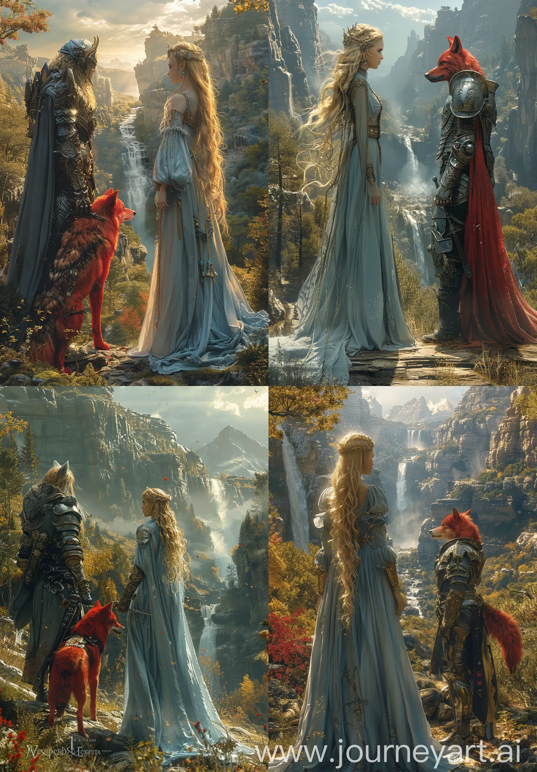 Mystical-Dawn-BlueGowned-Beauty-and-Armored-Red-Wolf-in-Forest-Clearing