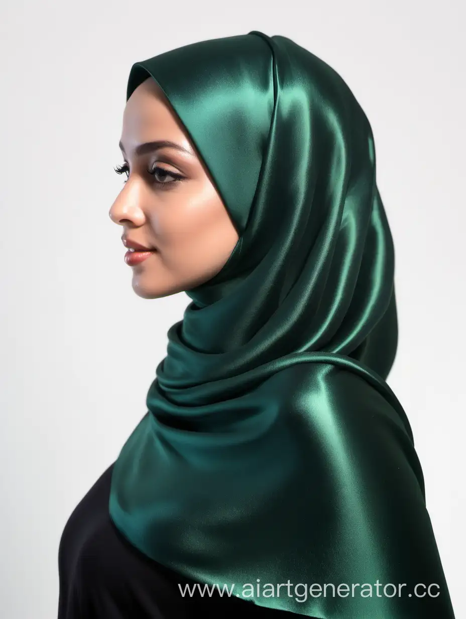 Женщина, темно-зеленый атласный хиджаб, вид сбоку