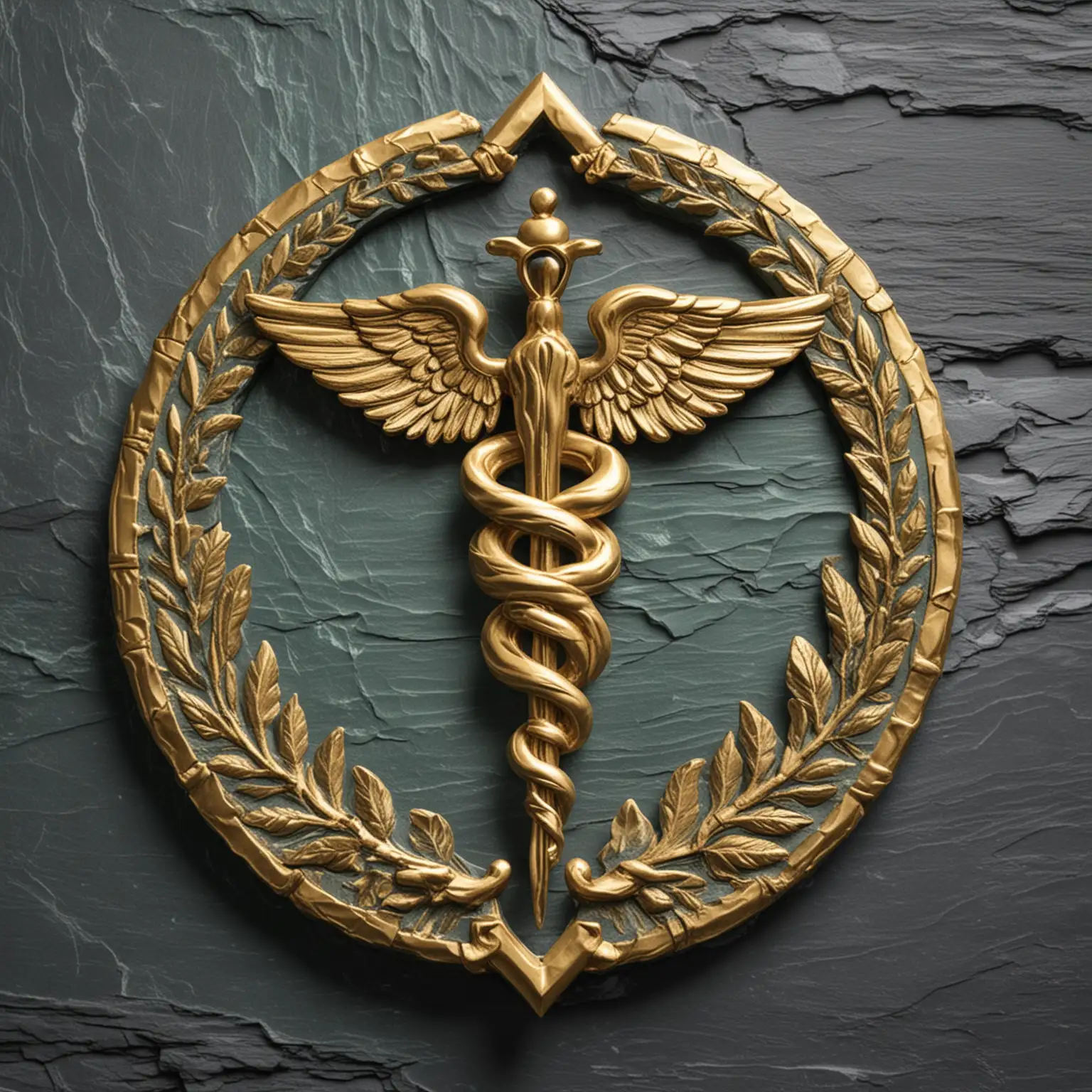 Pictorial Caduceus sign in gold on dark green slate background