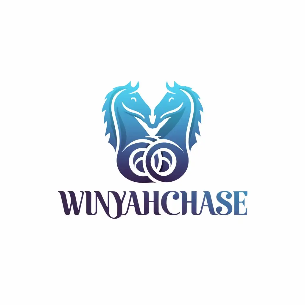 a logo design, with the text in bold 'WINYAH CHASE' main symbol: horse and seahorse, Moderate, clear background, text and logo in blue, times new roman font