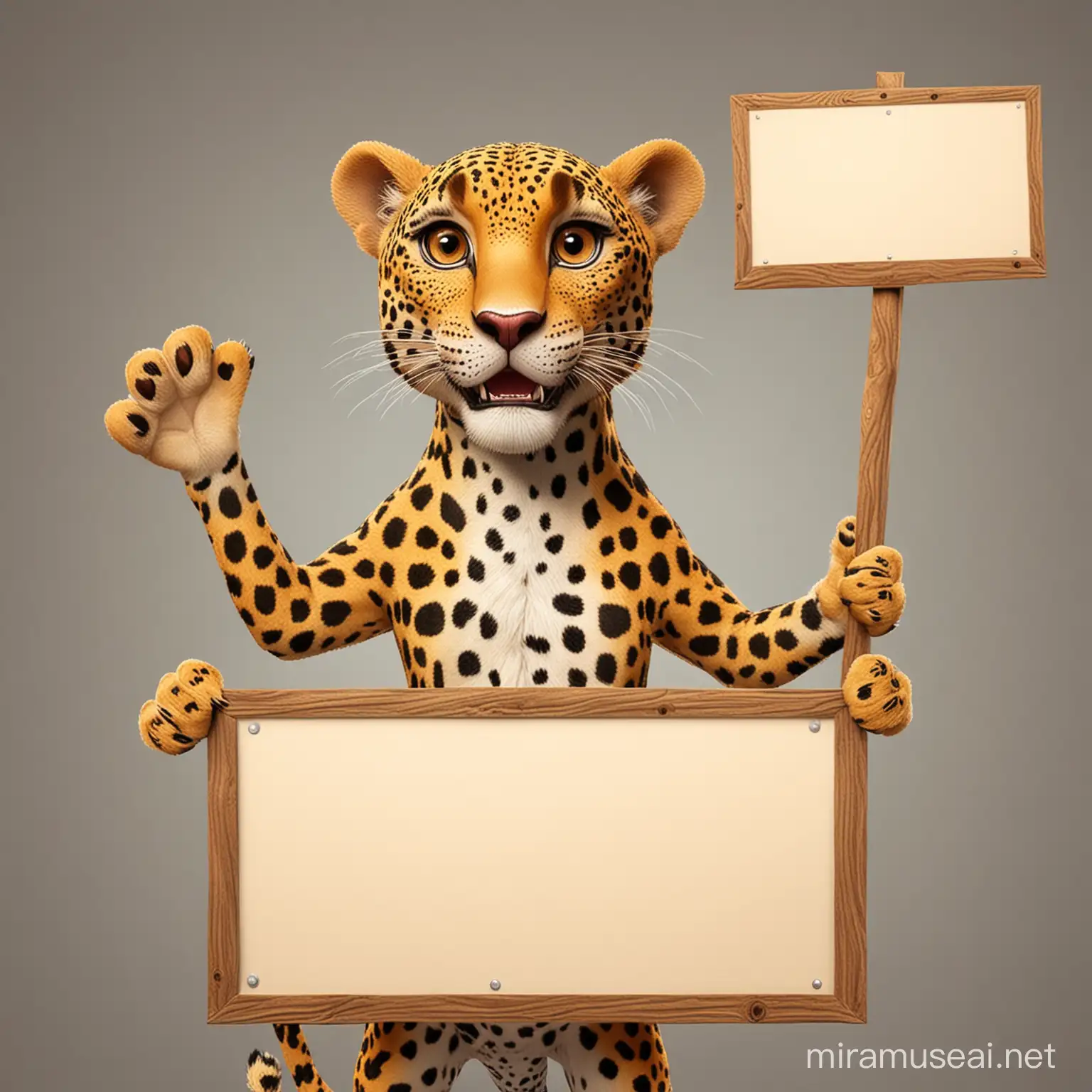 Cheerful Cartoon Adult Leopard Holding a Signboard