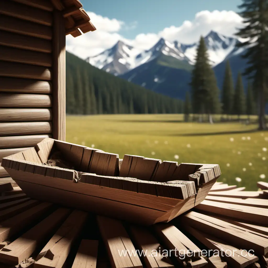Иллюстрация расколотого корыта, на фоне изображения деревянная землянка