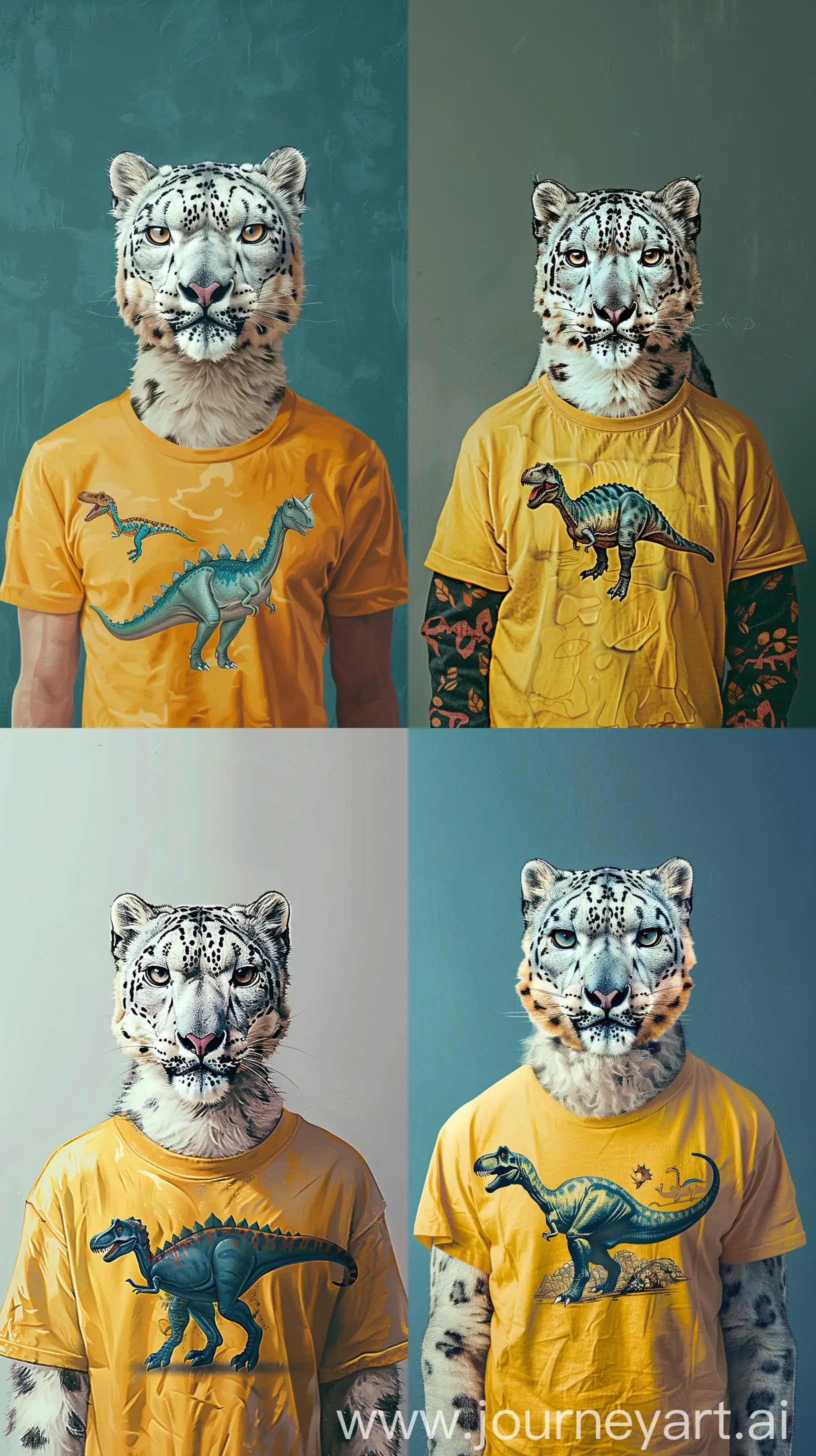 Kees van dongen art style of a snow leopard as a man , wearing a yellow t shirt with a dinosaur on it, as phone wallpaper,   
--ar 9:16