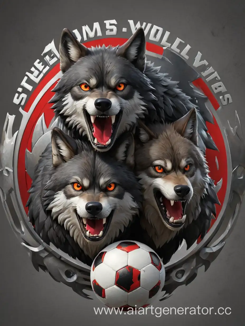Логотип: на фоне футбольного мяча изображены два волка, стоящих рядом друг с другом. Волки выполнены в чёрном цвете, а мяч — в красном. В верхней части логотипа расположена надпись «Стальные Волки», выполненная белым шрифтом.