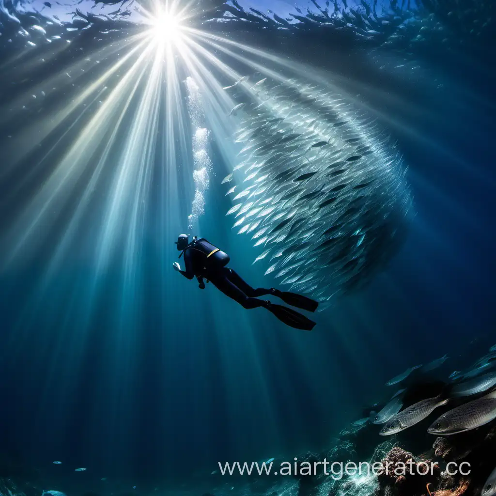 Enchanting-Underwater-Dive-Diver-Surrounded-by-Radiant-School-of-Fish