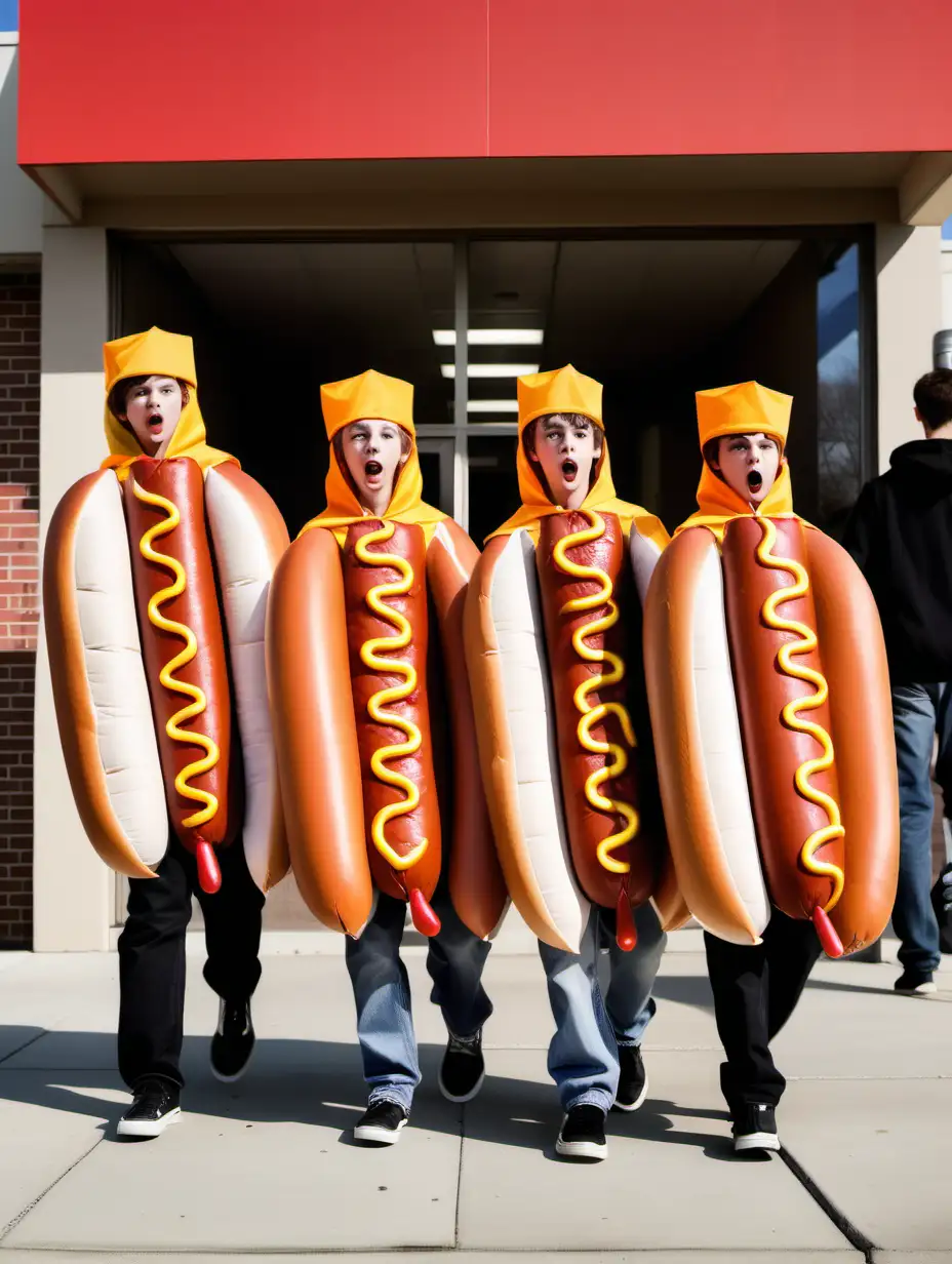 Funloving Teenagers in Hot Dog Costumes Enjoying FastFood DriveThru Adventure
