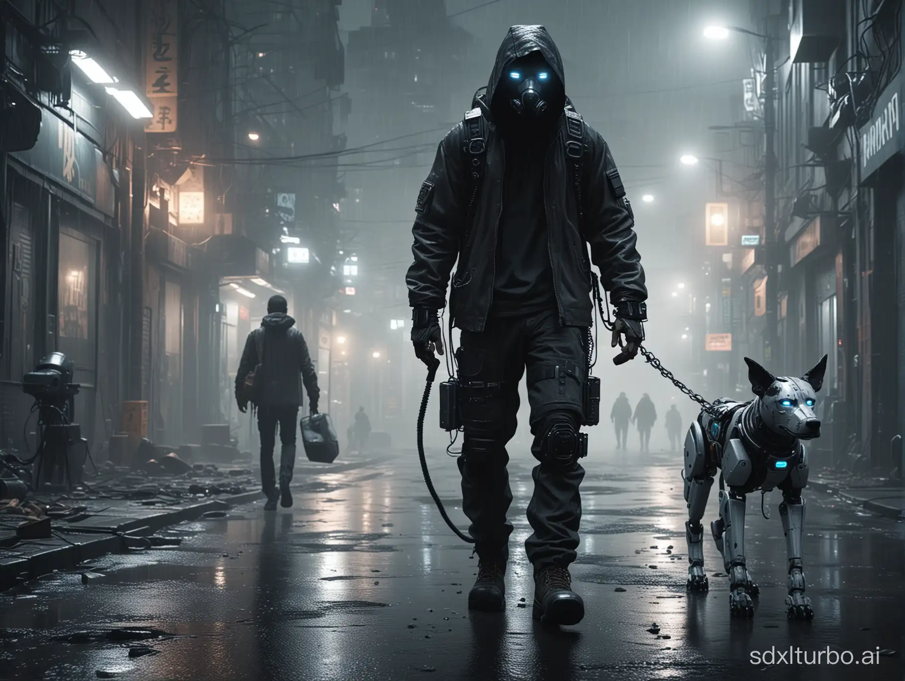 Guy with an air mask walking with a robot dog on a leash in Dystopian cyberpunk poor city, night, dark ambiance, 8K, Hyper realistic, rainy, cinematic
