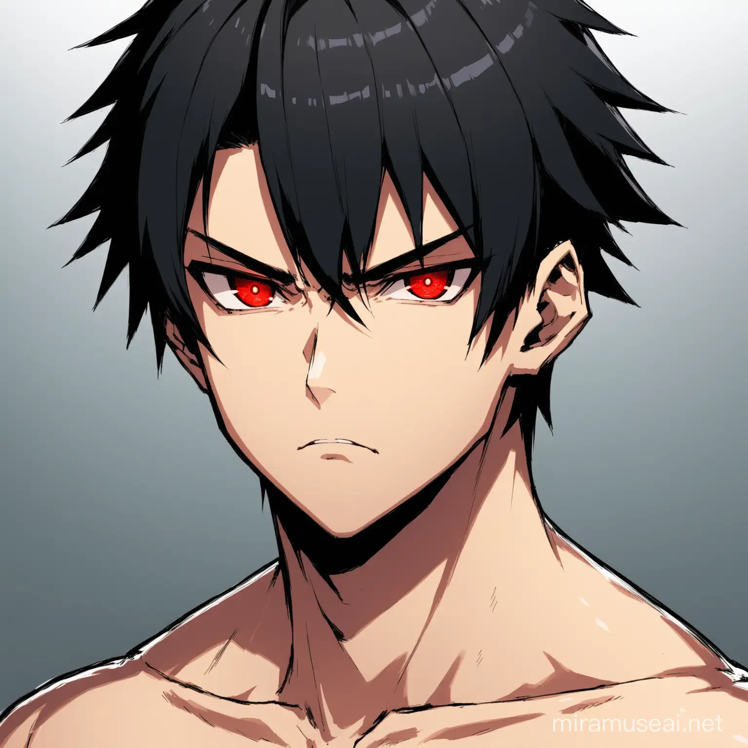ShIRTLESS ROBOTIC BOY WITH SERIOUS EXPRESSION AND RED EYES