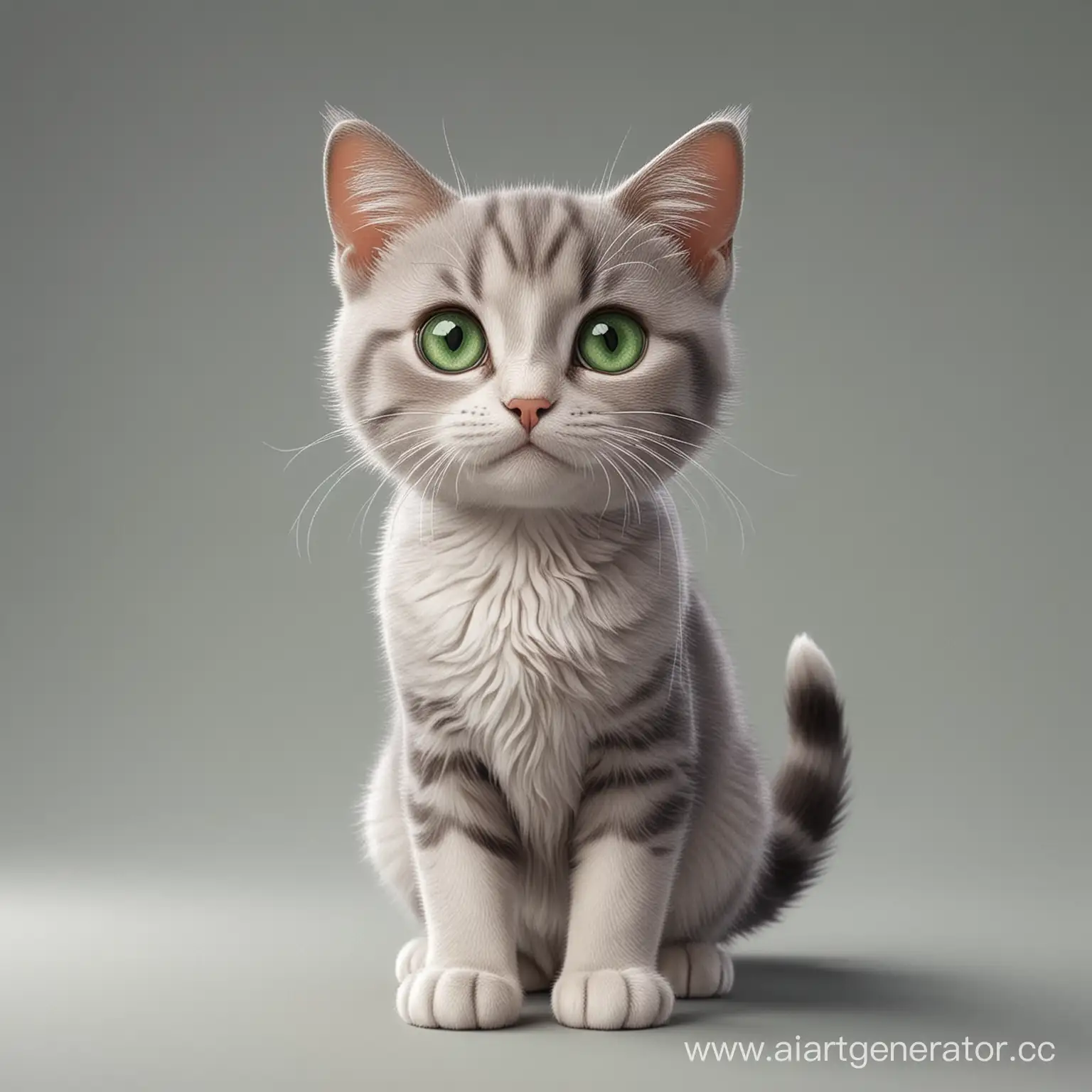 милого мультяшного котика с зелеными глазами в полный рост на сером фоне
