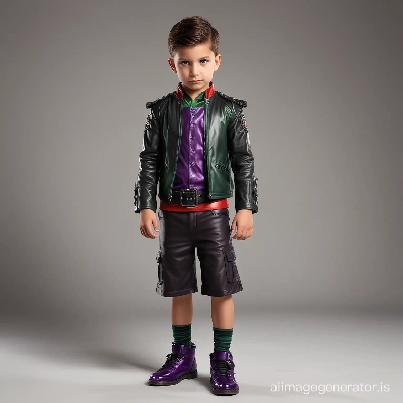 Create a villain outfit for a strong 8 year old boy villain with abs, cool, wicked, leather, shorts, comfortable yet intimidating, various shades of purple with hints of both green and red, both red and green should be included in every outfit but purple should be the main color, the shoes should also be colorful and match the outfit