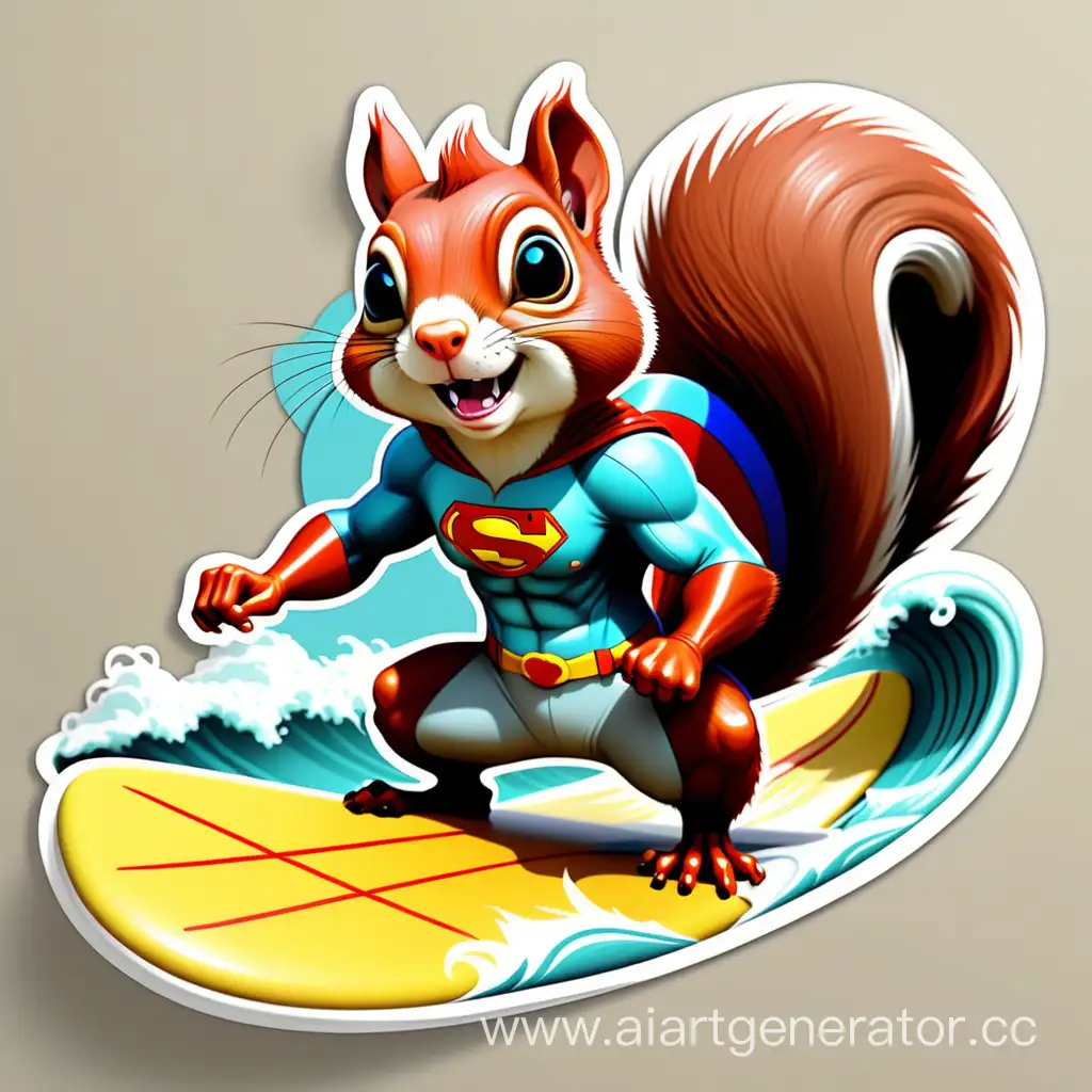 Design a stunning sticker featuring a super hero animal squirrel play surf in a modern, eye-catching style