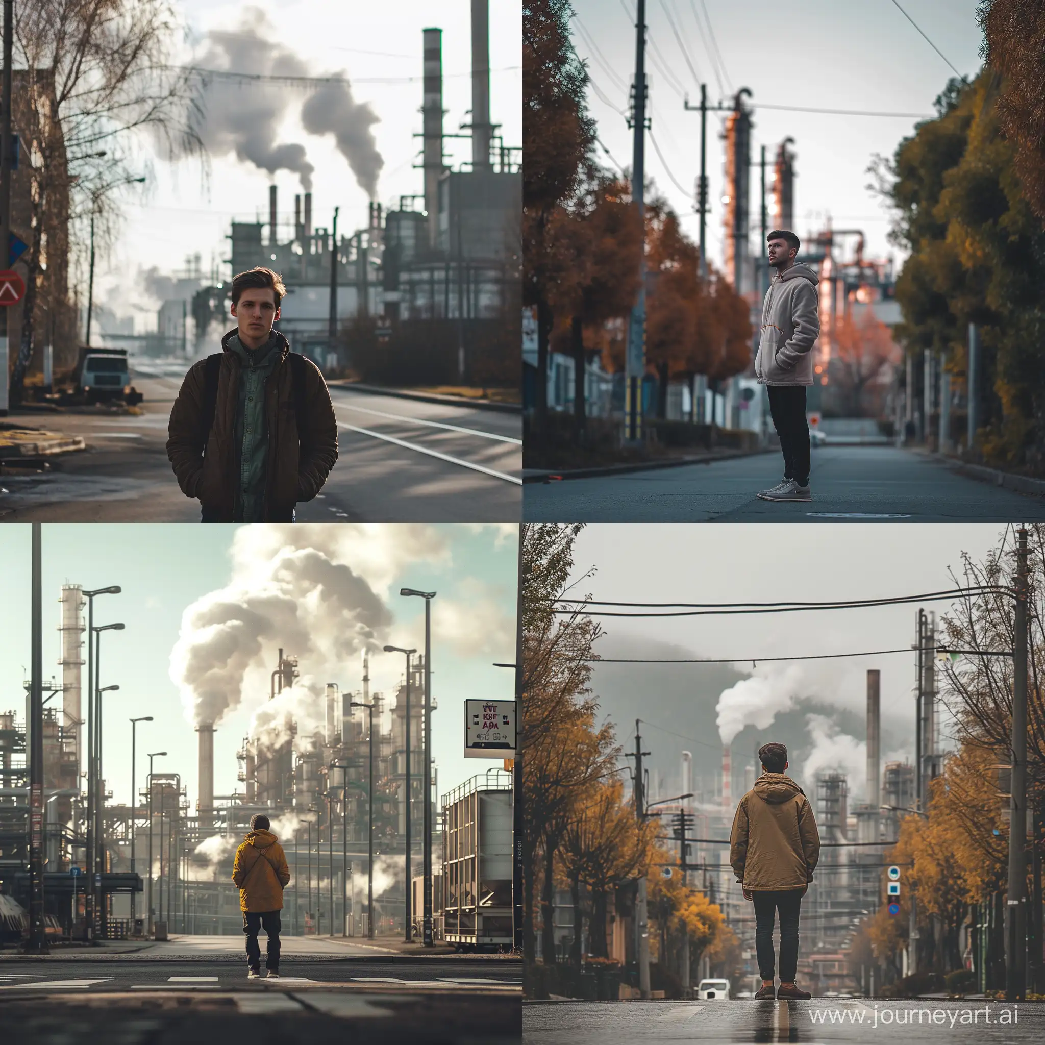 Реалистичное фото, парень стоит на улице, а сзади него стоит завод