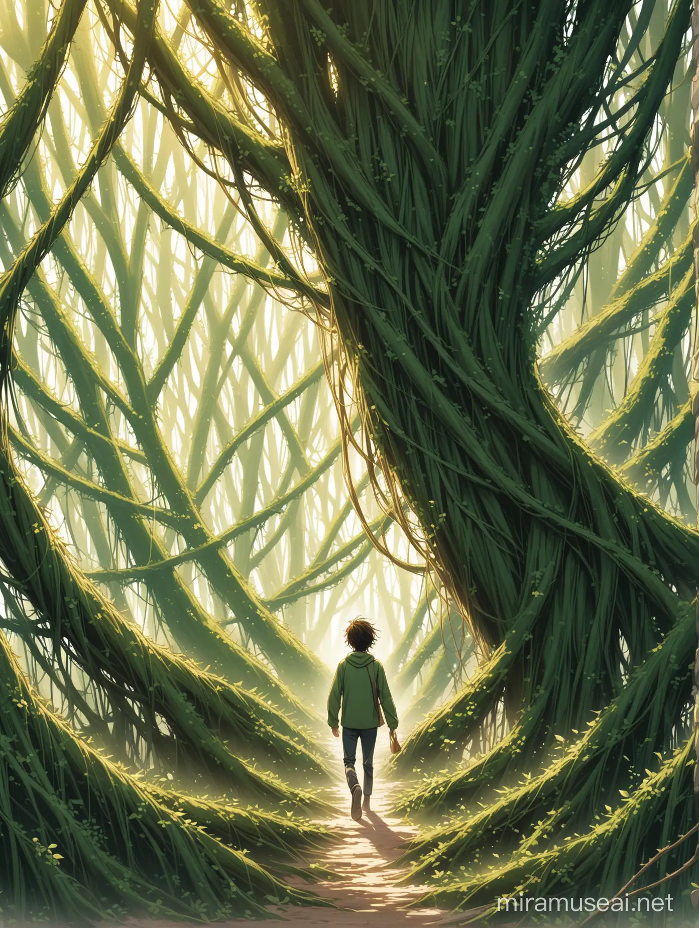  a person walking on tangled roots and thorny bushes
