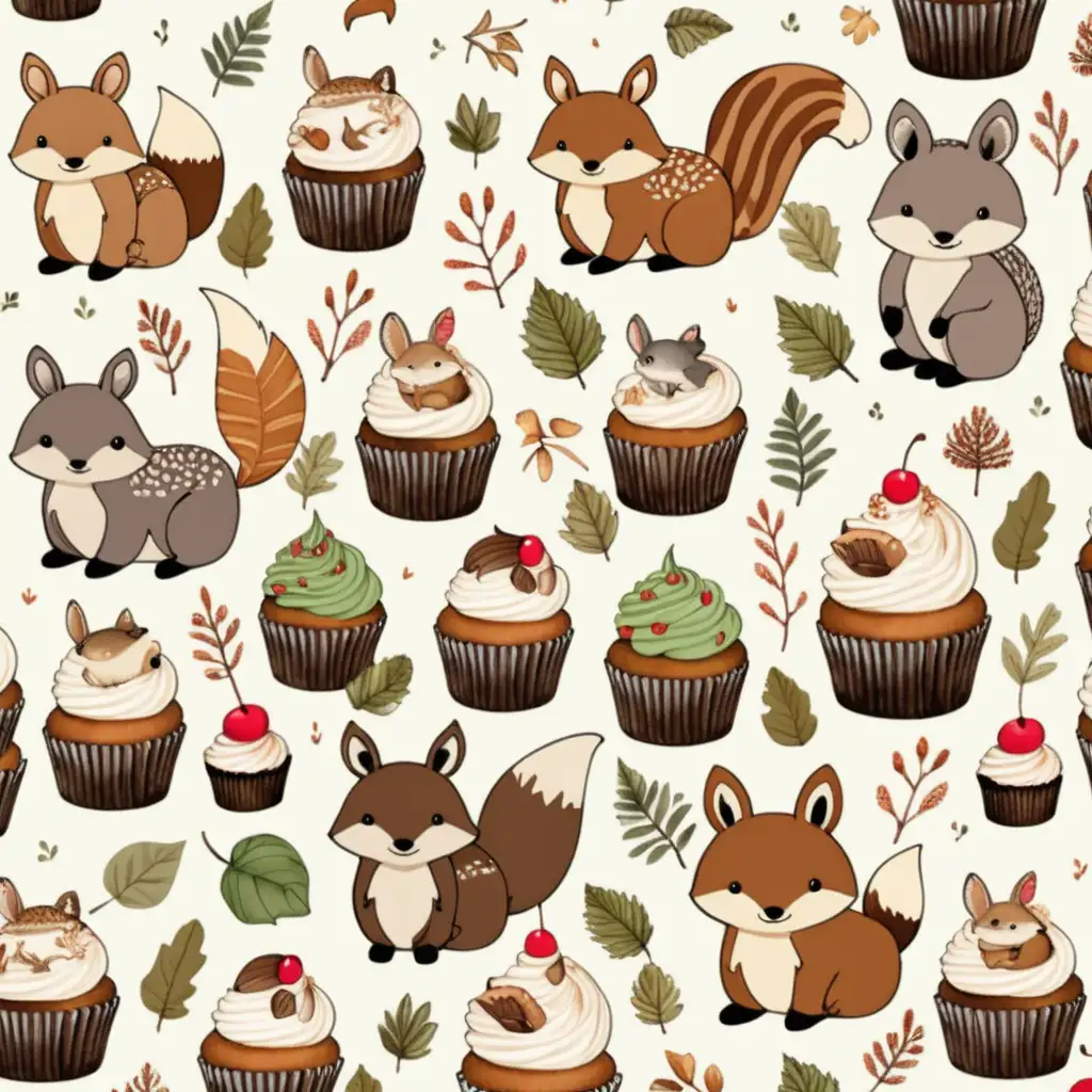 all over print of small woodland animals and cupcakes, and leafs--tile