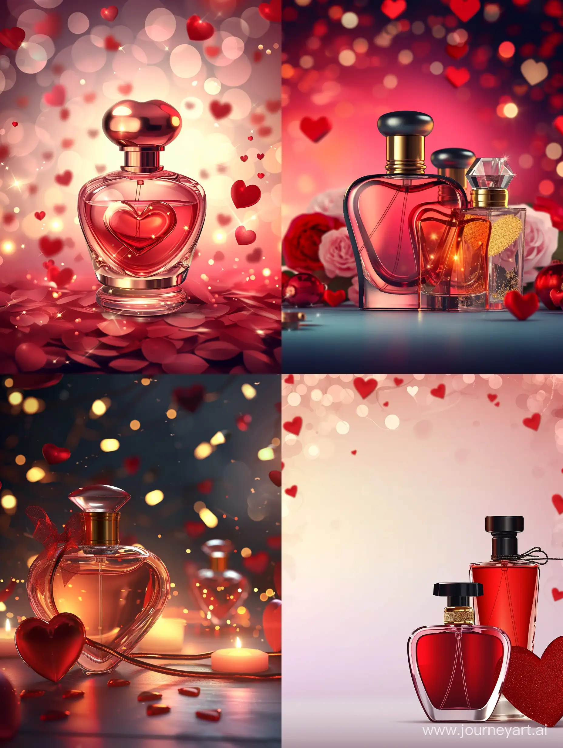 Valentine's Day, festive atmosphere, beautiful perfume bottles, background, realistic, detailed
