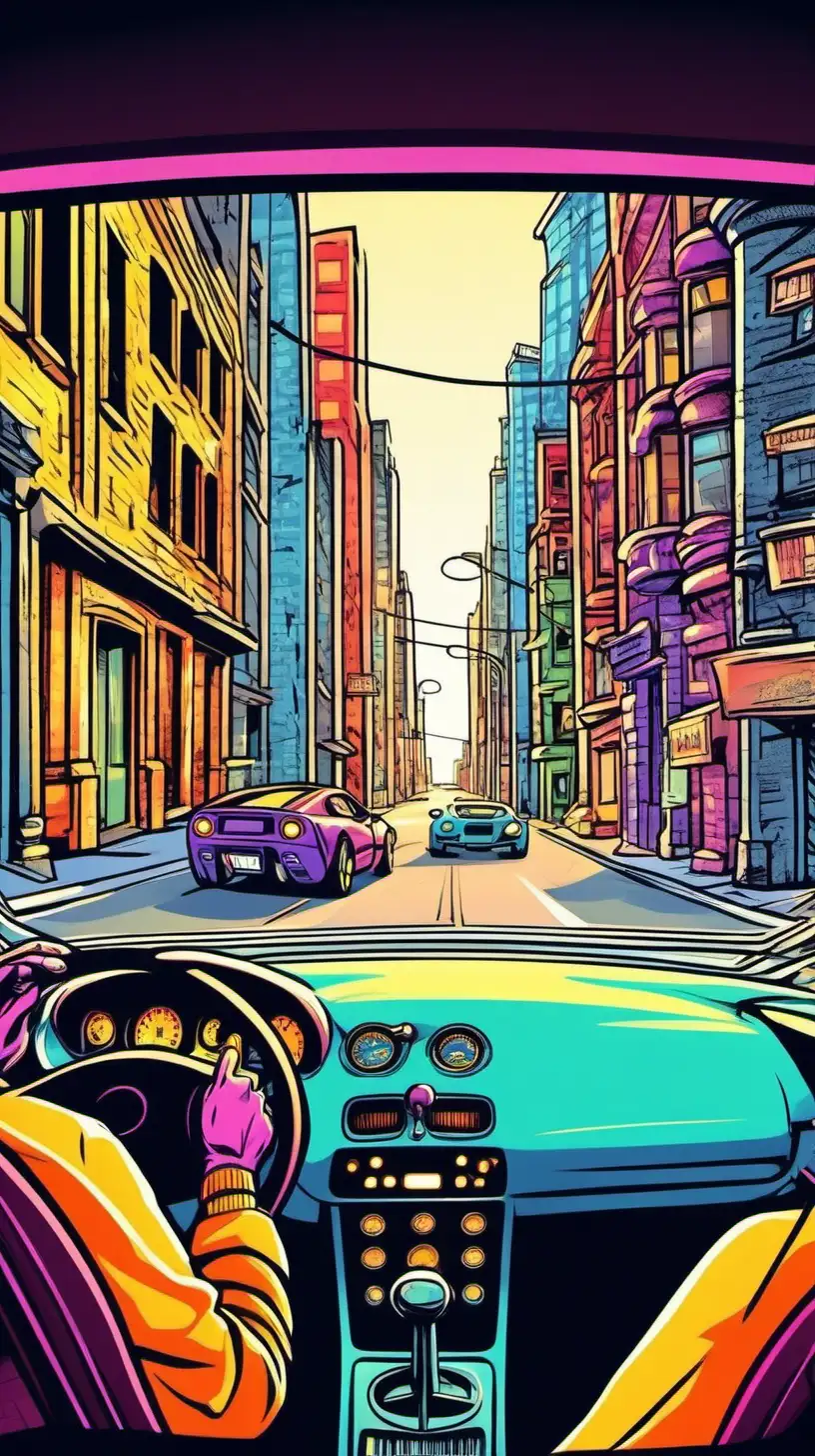 color cartoony. Shooting From inside a sports car, looking though the front window  from behinds the dashboard  a car  drives really fast a down a city street at night