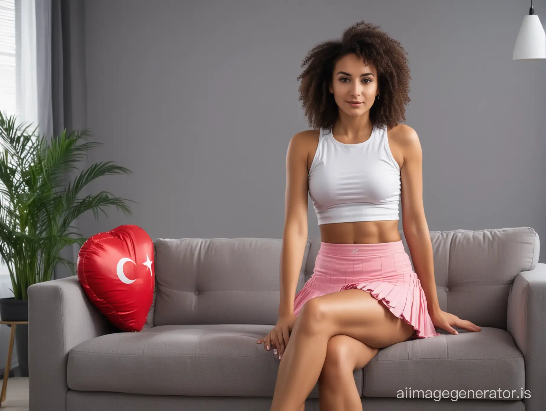 an attractive and beautiful affro Turkish tennis player sitting on the sofa in the office. she is wearing mini skirt. full body. cinematic, valentine day
